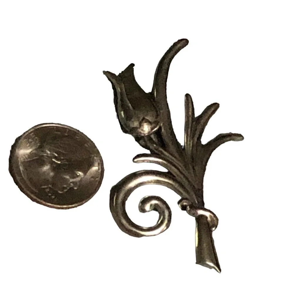 Sterling Silver Tulip Flower Ribbon Brooch Pin Signed Jewelry Art Deco